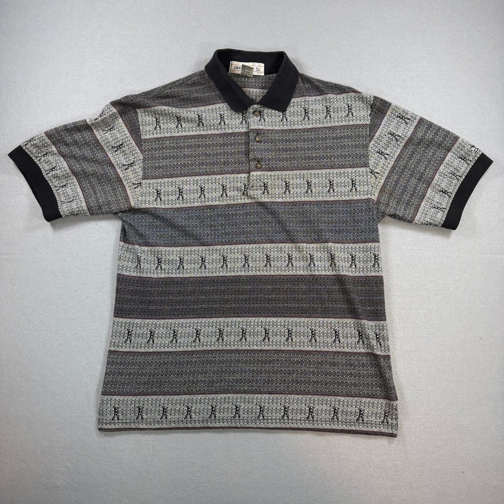 Vintage 90s Grand Slam Polo Mens M Gray Golfer Print Penguin Novelty Knit